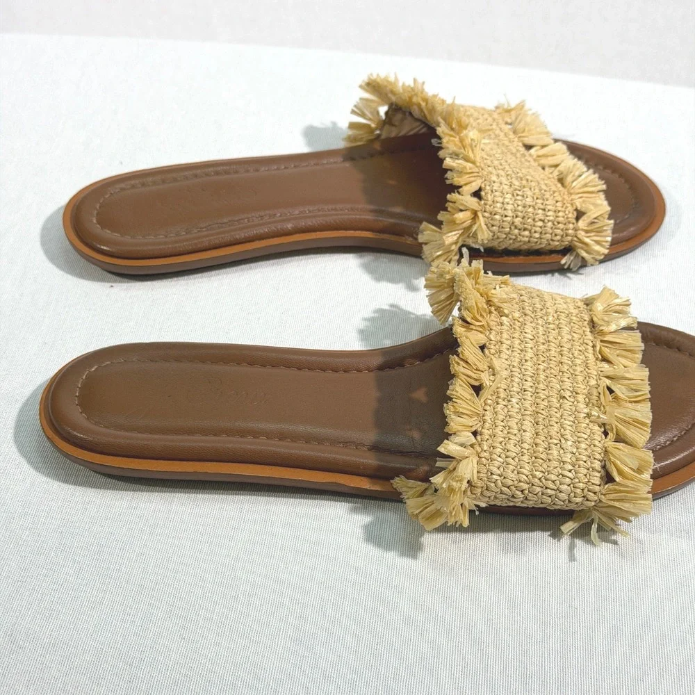 J.Crew Sorrento Raffia Fringe Slide Sandals Tan Brown Leather Size 8‎